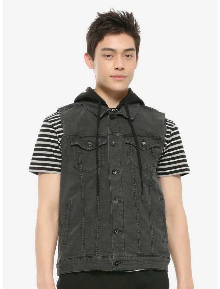 Discount 👏 Black Washed Removable Hood Denim Vest 🛒 3 Discount 👏 Black Washed Removable Hood Denim Vest 🛒