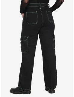 Best Sale 🧨 HT Denim Black & Green Stitch Hi-Rise Carpenter Pants 🔥 -HT Style Outlet Store 13230347 av1