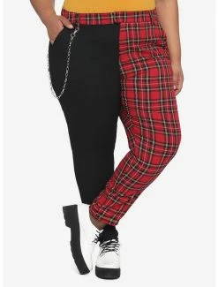 Coupon 😀 Black & Red Plaid Split Leg Pants With Detachable Chain Plus Size 😍
