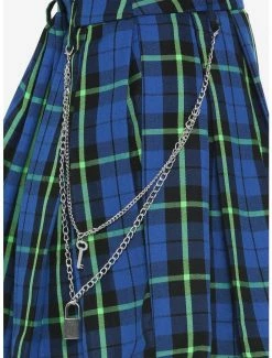 Cheap ✨ Blue & Green Plaid Pleated Chain 👗 Skirt 🔔 -HT Style Outlet Store 13425701 av1