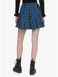 Cheap ✨ Blue & Green Plaid Pleated Chain 👗 Skirt 🔔 -HT Style Outlet Store 13425701 av2
