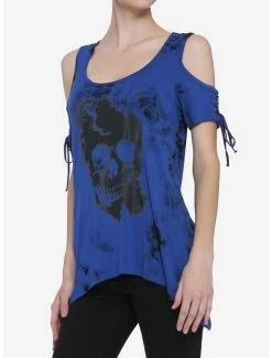 Best Pirce ❤️ Skull Lace-Up Cold Shoulder Shark Bite Tie-Dye 👧 Girls Top ⭐