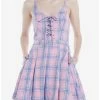 Hot Sale 🤩 Pink & Purple Plaid Lace-Up 👗 Dress 💯 -HT Style Outlet Store 14701321 hi