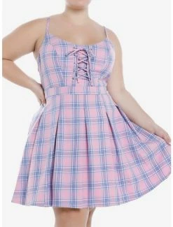 Buy 🌟 Pink & Purple Plaid Lace-Up 👗 Dress Plus Size 😀