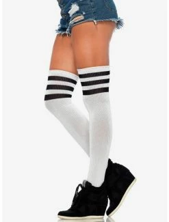 Flash Sale 🛒 White & Black Stripe Ribbed Athletic Thigh High 🧦 Socks 😀