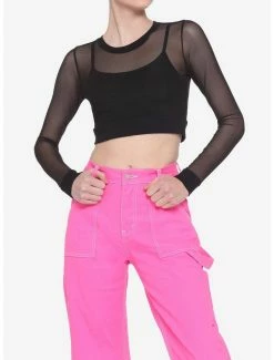 Discount 🔥 Black Mesh Layered 👧 Girls Crop Long-Sleeve Top ⌛