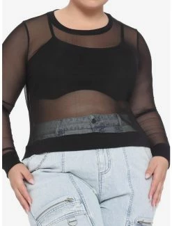 Best deal ๐งจ Black Mesh Layered ๐ง Girls Crop Long-Sleeve Top Plus Size โญ