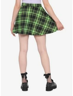 Deals 🎁 Black & Neon Green Plaid O-Ring Skater 👗 Skirt 😀 -HT Style Outlet Store 14732182 av1