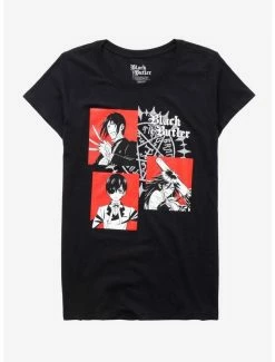 Budget 🤩 Black Butler Red & White Panel Boyfriend Fit 👧 Girls T-Shirt 🧨