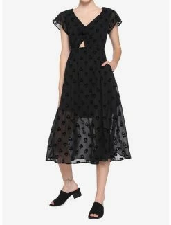 Discount 💯 Black Planchette Tie-Front Midi 👗 Dress ✔️ -HT Style Outlet Store 14918091 av1