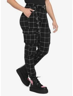 Cheapest 😍 HT Denim Black & White Grid Print Cargo Jogger Pants With Grommet Belt ⭐ -HT Style Outlet Store 15087552 av2