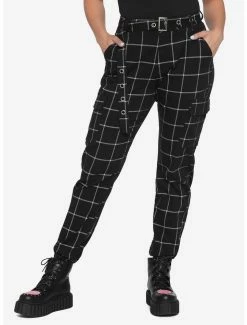 Cheapest 😍 HT Denim Black & White Grid Print Cargo Jogger Pants With Grommet Belt ⭐