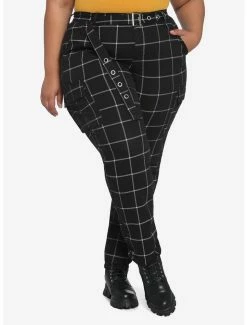 Hot Sale 🧨 HT Denim Black & White Grid Print Cargo Jogger Pants With Grommet Belt Plus Size 👍