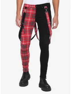Buy 🎉 Red Plaid Split Leg Suspender Stinger 👖 Jeans 🎁