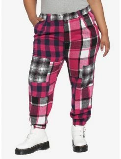 Cheap 🔔 Pink Plaid Patchwork Jogger Pants Plus Size ⌛