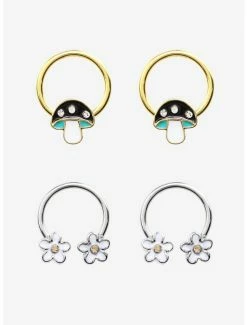 Best Pirce 💯 Steel Mushroom & Flower Captive Hoop & Circular Barbell 4 Pack 😀