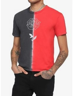 Flash Sale ❤️ Grey & Red Split Wash Embroidered Rose T-Shirt 🎉