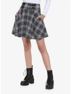 Brand new 💯 Grey & Black Plaid Lace-Up Yoke Skater 👗 Skirt 🌟