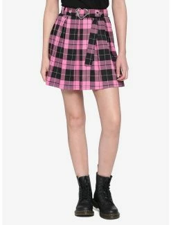 Brand new ❤️ Pink & Black Plaid 👗 Skirt With Grommet Belt ⌛
