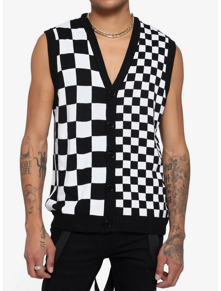 New 😀 Split Black & White Checkered Knit Vest 🔔 3 New 😀 Split Black & White Checkered Knit Vest 🔔
