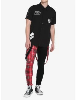 Hot Sale 😍 Skeleton Patches Black Woven Button-Up 🔔 -HT Style Outlet Store 15497755 av2