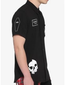 Hot Sale 😍 Skeleton Patches Black Woven Button-Up 🔔 -HT Style Outlet Store 15497755 av3
