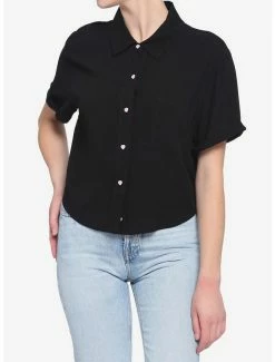 Best Pirce 😉 Black Boxy Heart Buttons 👧 Girls Crop Button-Up 🎉