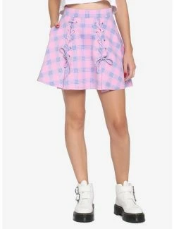 Buy 👍 Pink & Blue Plaid Lace-Up 👗 Skirt 💯