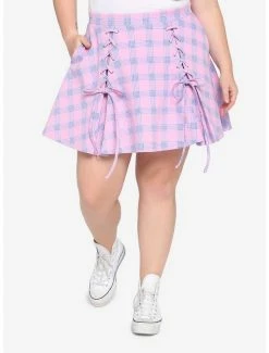 Buy 🎉 Pink & Blue Plaid Lace-Up 👗 Skirt Plus Size 🔔