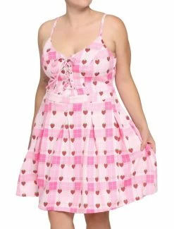 Buy 🔥 Strawberry Plaid Lace-Up 👗 Dress Plus Size 😀