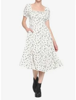 Best Sale ๐ Ivory Floral Mushroom Empire Midi ๐ Dress ๐