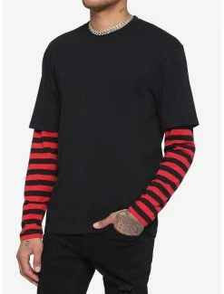 Top 10 😀 Red & Black Stripe Long-Sleeve Twofer T-Shirt ⭐