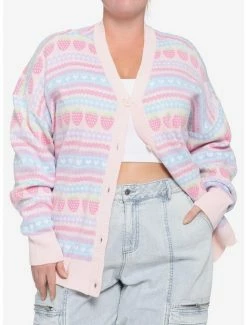 Deals 🧨 Pastel Strawberry Fair Isle Oversized 👧 Girls Cardigan Plus Size ✨