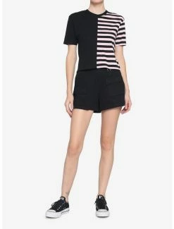 Coupon 😉 Black & Pink Stripe Split 👧 Girls Crop T-Shirt 🛒 -HT Style Outlet Store 15986174 av1