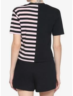 Coupon 😉 Black & Pink Stripe Split 👧 Girls Crop T-Shirt 🛒 -HT Style Outlet Store 15986174 av2