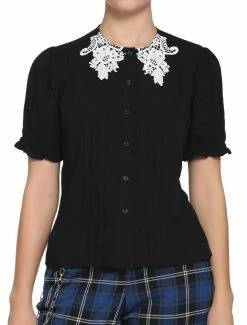 Cheap 🌟 Black & White Lace Collar 👧 Girls Woven Button-Up 👏
