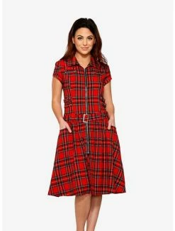 New 😉 Red Plaid Zipper Bondage Midi 👗 Dress 🤩