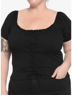 New 🛒 Black Lace-Up 👧 Girls Top Plus Size 🎉