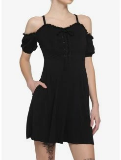 Wholesale ⭐ Black Lace-Up Cold Shoulder Puff Sleeve 👗 Dress ⭐