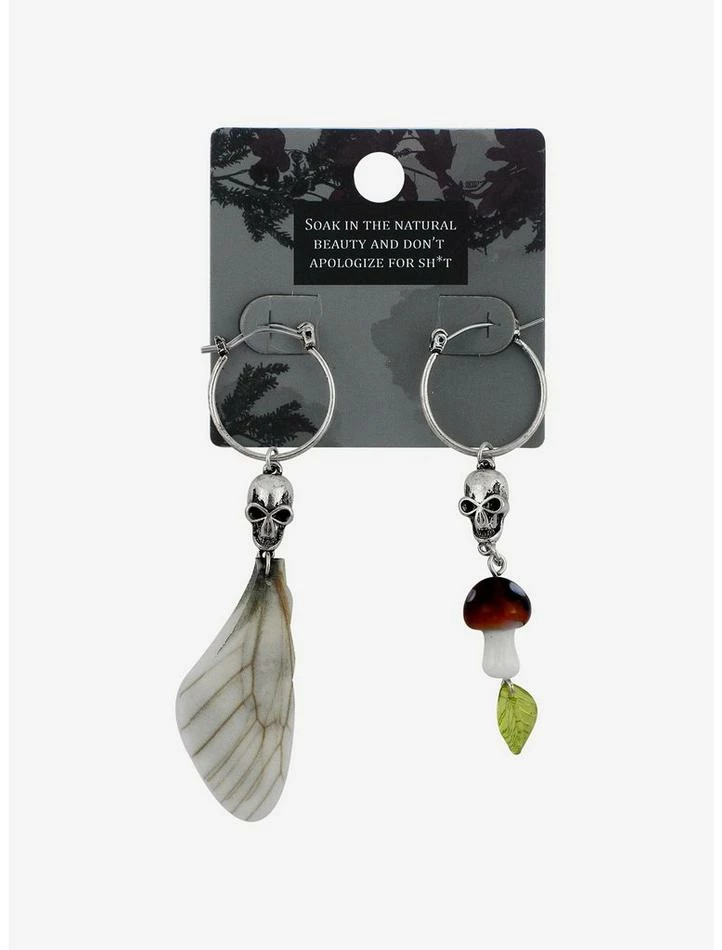Wholesale ๐ Dragonfly Wing Skulls & Mushroom Dangle Charm Mismatched Hoop Earrings ๐ 3 Wholesale ๐ Dragonfly Wing Skulls & Mushroom Dangle Charm Mismatched Hoop Earrings ๐