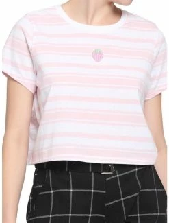 Hot Sale 🛒 Pink & White Stripe Strawberry 👧 Girls Boxy Crop T-Shirt 👍