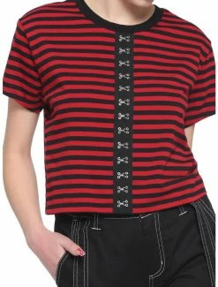 Discount 😉 Red & Black Strip Hook 'N' Eye 👧 Girls Boxy Crop T-Shirt 🧨