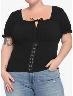 Promo 🥰 Black Hook-And-Eye 👧 Girls Crop Woven Top Plus Size ⌛