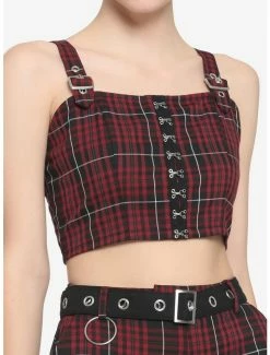New 🌟 Maroon & Black Plaid Buckle Strap 👧 Girls Crop Top ❤️