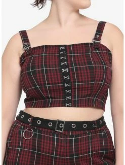 Cheap 👍 Maroon & Black Plaid Buckle Strap 👧 Girls Crop Top Plus Size 🔥