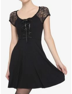 Best deal ๐ Black Corset Lace-Up Front Lace Sleeves ๐ Dress ๐