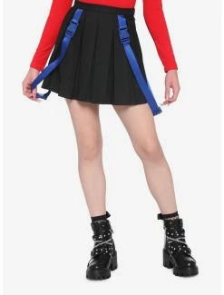 Best reviews of ๐ Black & Blue Buckle Strap Pleated ๐ Skirt โจ