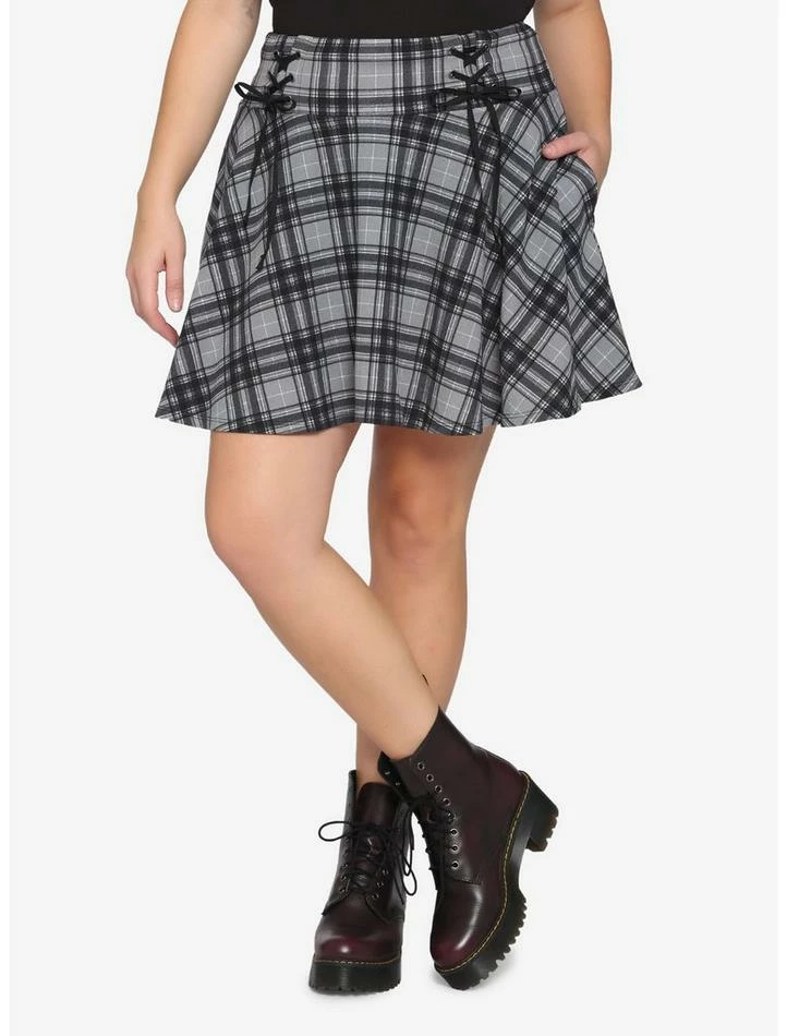 Hot Sale 🥰 Grey & Black Plaid Lace-Up Yoke 👗 Skirt 🌟 3 Hot Sale 🥰 Grey & Black Plaid Lace-Up Yoke 👗 Skirt 🌟