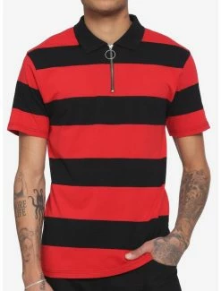 Best Pirce ✨ Red & Black Stripe O-Ring Zipper Polo 👕 Shirt 👏
