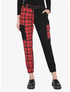 Best deal 🥰 Black & Red Plaid Split Cargo Jogger Pants ✔️
